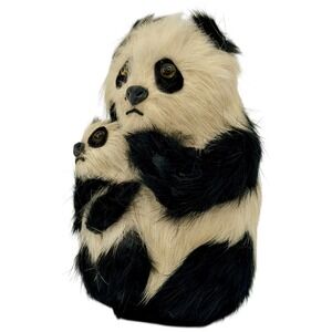Vintage Real Fur Panda Bear Mother and Cub Figurine Statue Handmade